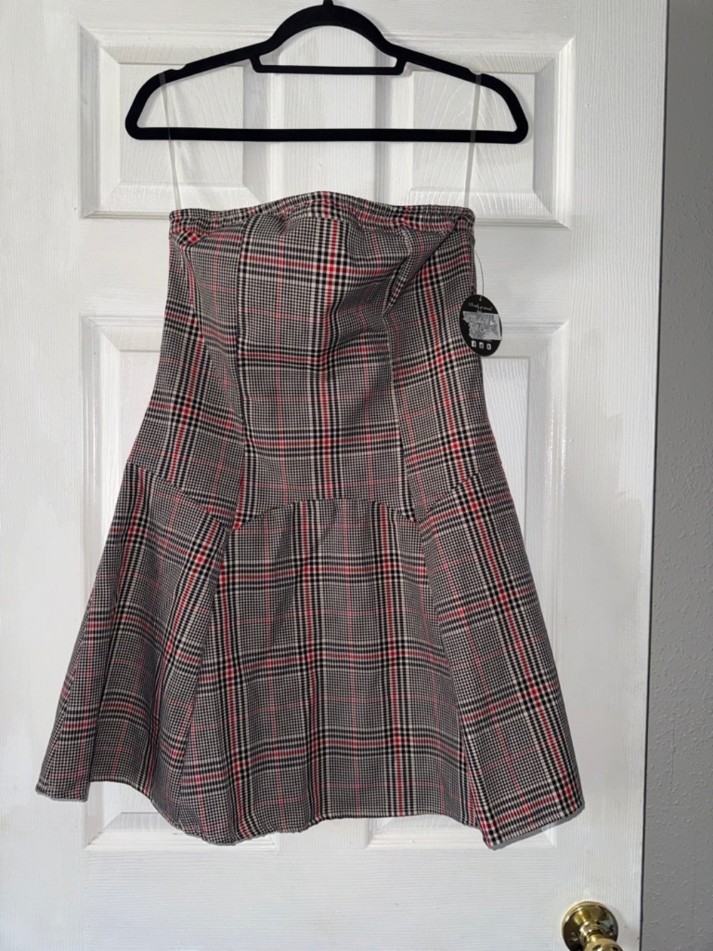 Strapless Plaid Mini Dress with Red Accent